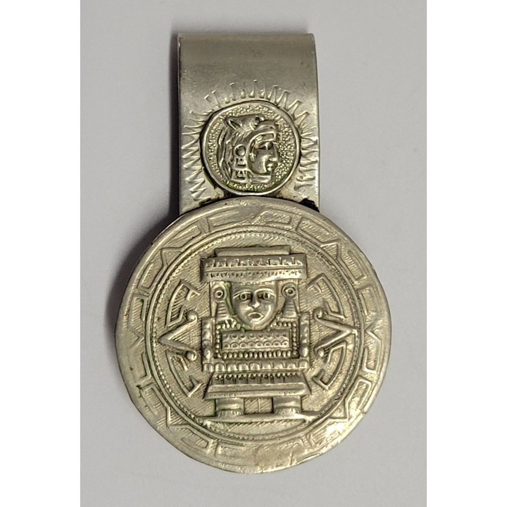 Vintage Mexico Alpaca Silver Money Clip Aztec Mayan Sun Stone Deity Warrior 18g
